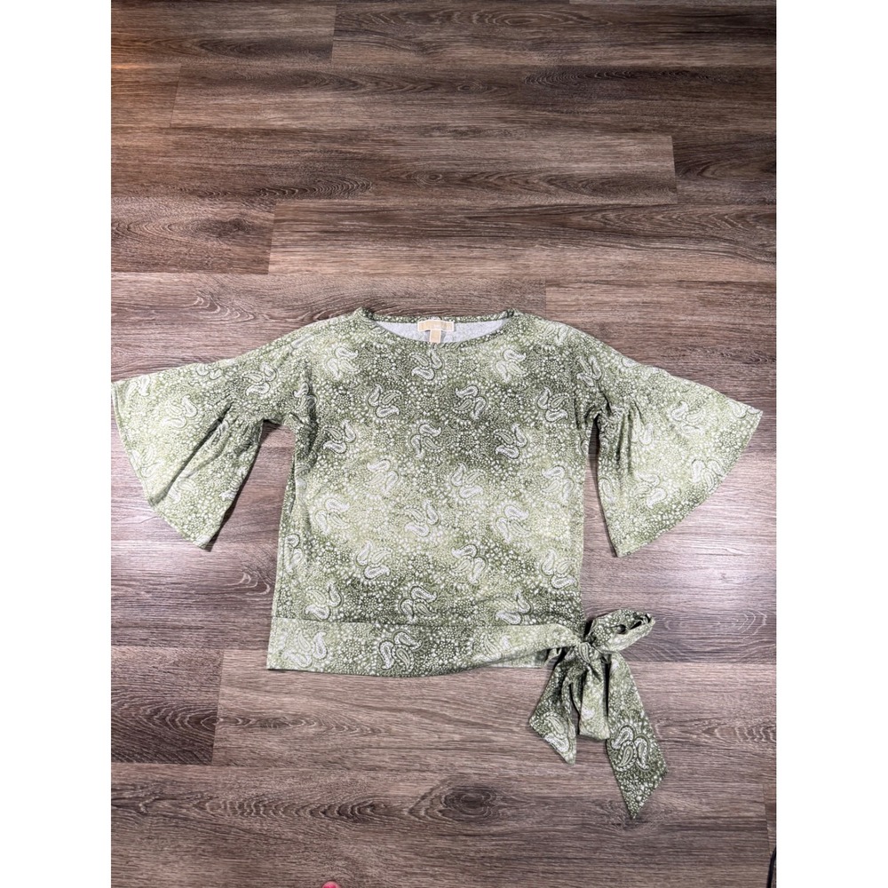 Michael Kors‎ Top XS Bell Sleeve Green Paisley Side Tie 70s Inspired Fairy Flowy